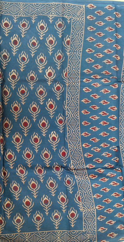 BAGRU HAND BLOCK PRINTED MULMUL COTTON SAREE
