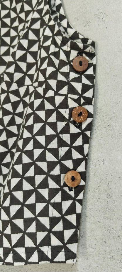 Black cotton block printed Sleeveless Blouse With Boat Neck