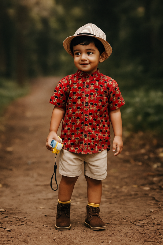 "Ajrakh brick red pure cotton kids shirt with Chinese collar and star hand embroidery near pocket – handblock printed ethnic wear"
