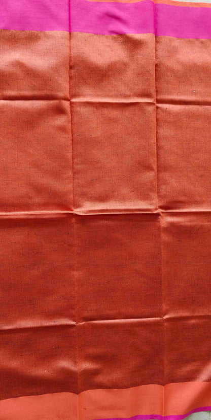 GREY PLAIN LINEN SAREE WITH ORANGE AND PINK BORDER AND CONTRAST PALLU